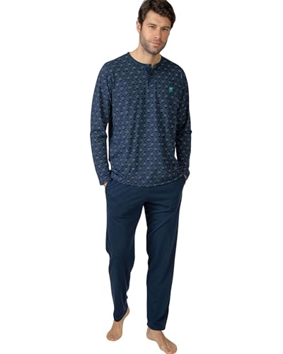 MASSANA Pijama de Invierno para Hombre, 50% Algodón 50% Poliéster, Manga Larga con Cuello Redondo, Varios Modelos a Elegir (FR/ES, Letras, L, Regular, Regular, Marino)