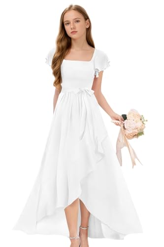 Junior Bridesmaid Dresses for Teen Girls Short Sleeves Chiffon Flower Girl Dress Girls Wedding Party Pageant Gowns