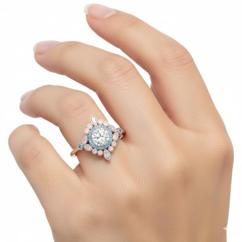 Image of 55Carat Choose Your Gemstone Round Halo Floral Engagement Ring Rose Gold Plated Round Shape Vintage Engagement Rings Everyday Jewelry Wedding Jewelry Handmade Gifts for Wife US Size 4 to 12