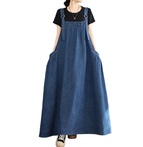 Image of Women's Casual Loose Denim Dress Sleeveless Adjustable Straps Denim Jumper Dress with Pockets