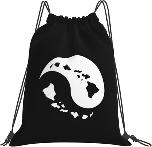 Yin Yang Hawaiian Island Map Drawstring Bags, Lightweight Gym Sack with Adjustable Cord, Water-Resistant Sports Backpack for Men Women, Travel, Yoga, College (Black)