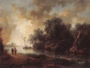 Peinture à l'huile Landscape with River 1790 par Karl Philippe Schallhas, grande toile 36x48