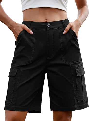 StylSense Cargo Shorts Damen Sommer Bermuda Kurze Hose Baumwolle Hohe Taille mit Elastischem Bund und 6 Taschen (Schwarz L)