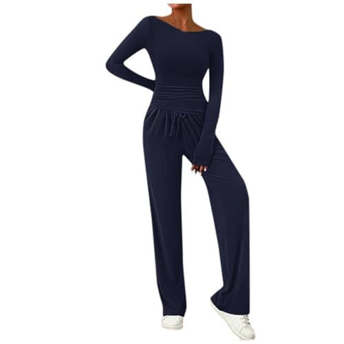 Conjuntos de 2 Piezas para Mujer, Camiseta asimétrica de Manga Larga, Pantalones de Pierna Ancha, Conjuntos Casuales, chándal pantalón 𝐂orto Mujer (Dark Blue, XL)