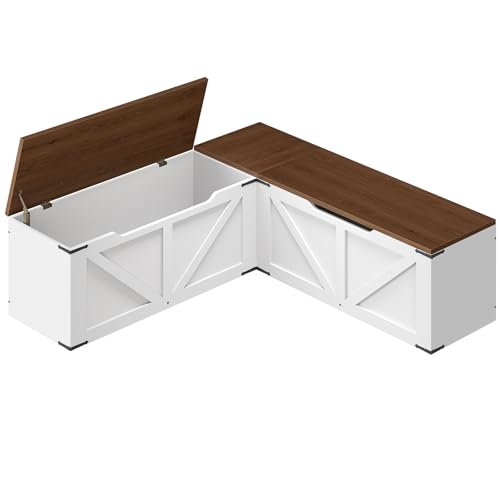 YATINEY L-Shaped Toy Storage Bench, Storage Toy Chest with Hidden Compartments, Wooden Toy Box, Storage Trunk for Corner Spaces, Kitchen, Dining Room, Cloakroom, Walnut and White CW01WH