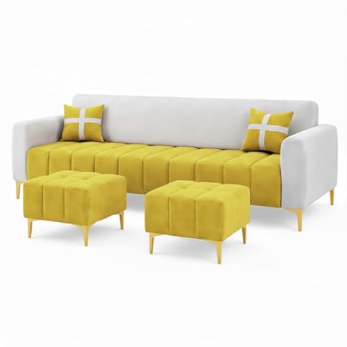 Image of Melody 3 Seater Modular L Shape Sofa Set with 2 Ottoman| Soft Velvet Upholstery, Sturdy Wooden Frame | Modern Sofa for Living Room, Hall & Office Spaces (Yellow-Light Grey)