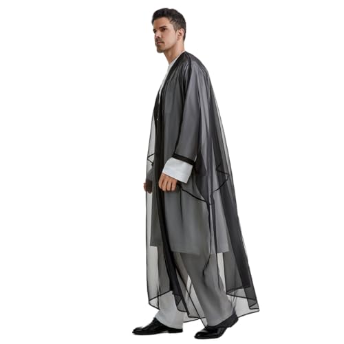 Arabic Men Oversize Open-style Straps Cardigan Kaftan Muslim Loose Long Sleeve See-through Thobe for Summer2