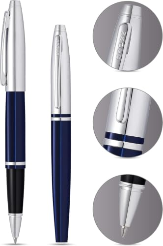 Image of Cross Calais Chrome & Blue Refillable Rollerball Pen - Medium Point, Black Ink, Smooth Writing, Presented in a Luxury Gift Box