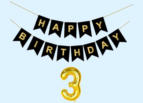 Image of 3rd Happy Birthday Decoration Kit Black for 3 year Old Boys Girls Baby Twins with Number ThreeParty Decorations Decor Celebration Items Item Set Combo Reusable Paper Banner