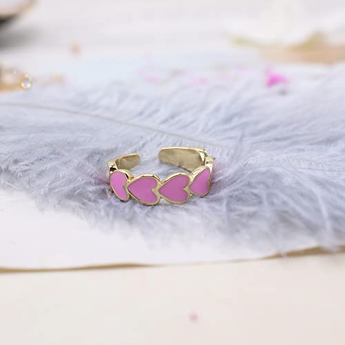 Colorful Enamel Heart Ring Adjustable Love Heart Open Band Ring Plain Stackable Finger Ring Wedding Love Promise Ring For Women Girls Fashion Jewelry Gift Gold Plated (Pink) #TOP4