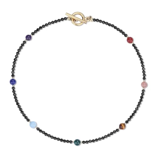 COAI Collar para Mujer con Cuentas Facetadas de Turmalina Negra y Piedras de los Chakras, Collar Minimalista de Piedras Naturales con Cierre OT con Pulsera a Juego