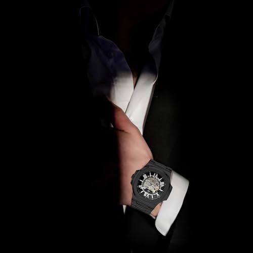 Image of 42MM Automatic Watch For Man, Mechanical Skeleton Roman Dial Black Watch | 30M Waterproof, Self Winding, Luxury Metal Watches Men With Open Back Case And Stainless Steel Chain
