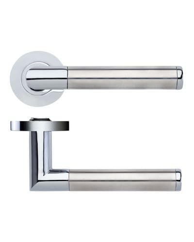 KOOPLES HARDWARE Luna Lever on Round Rose – Modern Curved Door Handle in Satin Stainless Steel – Contemporary Design with Concealed Fixings – Fixings Included