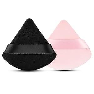 2 Pcs EVAOUXIU Triangle Powder Puff for Face Powder, Soft Plush Setting Powder Puff, Velour Cosmetic Foundation Blender Sponge Beauty Makeup Tools (Black&Pink)