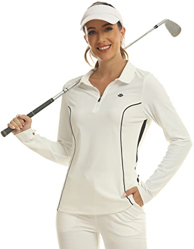 Mofiz Zipper Golf Shirts For Women Moisture Wicking Long Sleeve Quick Dry Polo Shirts Upf Athletic Tennis Top With Thumb Holes White,Xs #TOP25