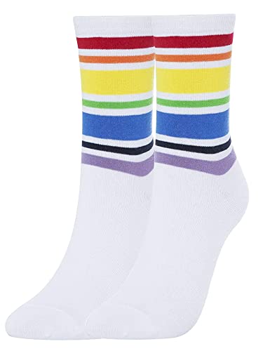 Kony Women's Cotton Rainbow Striped White High Ankle Socks Size 6-9 (White Rainbow - 4 Pairs) #TOP4