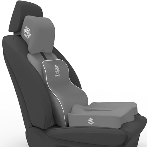 Image of MRRON Memory Foam Posture Corrector Car Seat Cushions Combo | Orthopedic Backrest, Coccyx Cushion & Neckrest | Ergonomic Lumbar Comfort Seat Cushion | Reduces Sciatica, (Grey, Long Back)