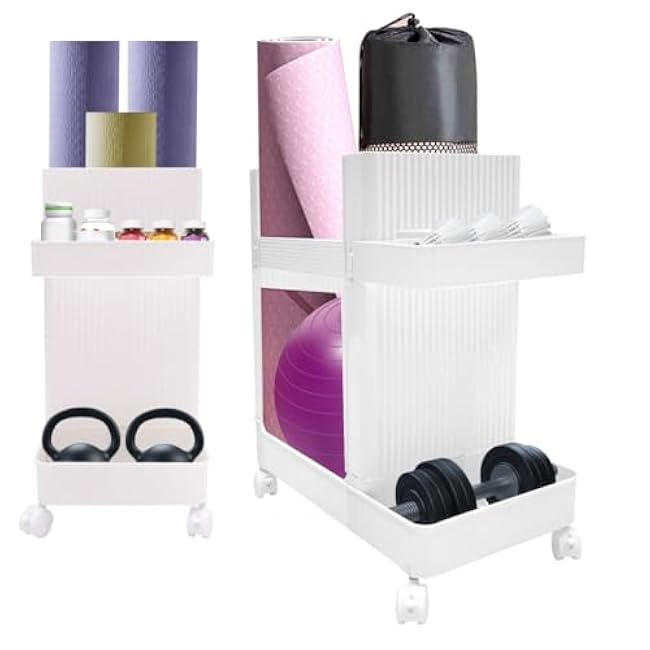 Home Gym Storage,2 Tiers Workout Equipment Organizer with Wheels Workout Equipment Storage Organizer Yoga Mat Storage Racks Home Gym Storage Rack for Yoga Mats, Foam Roller, Dumbbells