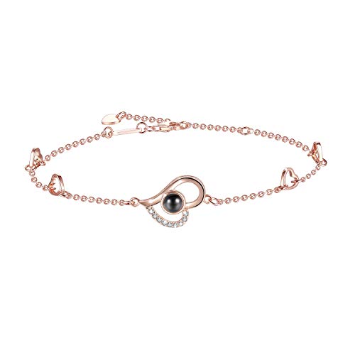 OneSight Women Love Heart Projection Bracelet or Anklet Jewelry, 925 Sterling Silver Memory of Love Bracelet or Anklet - 100 Different Languages for I Love You (Rose Gold Anklet/Large Bracelet)