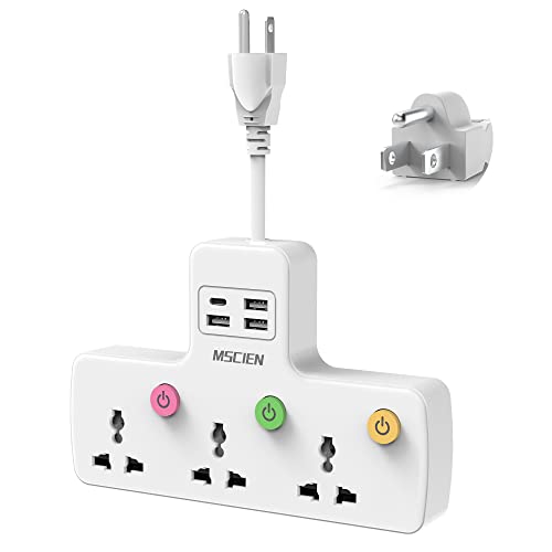 Mscien Travel Plug Adapter, UK To US Multi Plug with 4 USB, 3 Way Individual Switched Plug Extension Socket, Power Strip Universal Socket(2500W/10A)