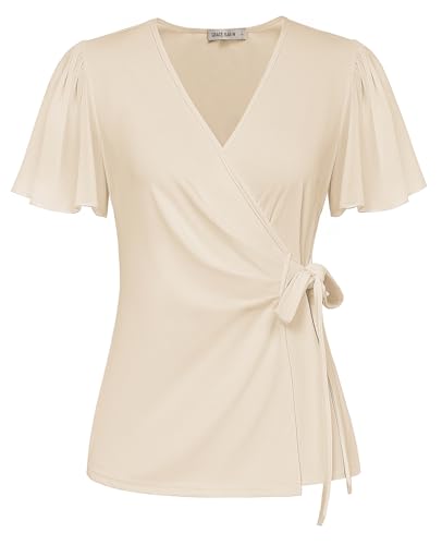GRACE KARIN Femme Cache-Cœur d'Été Col V Blouse à Taille Marquée à Manches Courtes Chemisier Femme avec Lien à la Taille L Beige
