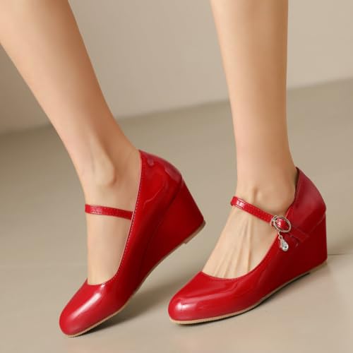 DINTAHA Low Wedge Heels, Mary Jane Wedge Shoes Women Patent Leather Pumps with Ankle Strap4
