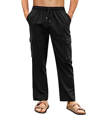 PASLTER Mens Linen Cargo Pants Lightweight Elastic Waist