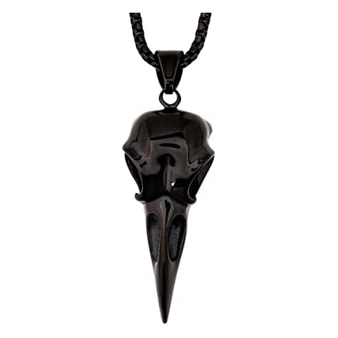 HAQUIL Black Plated Stainless Steel Raven Skull Pendant Necklace, Box Chain, Raven Jewelry Gift for Men and Women Cover