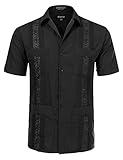 Allsense Men's Short-Sleeve Button-Down Cuban Guayabera Shirt, Black, Medium