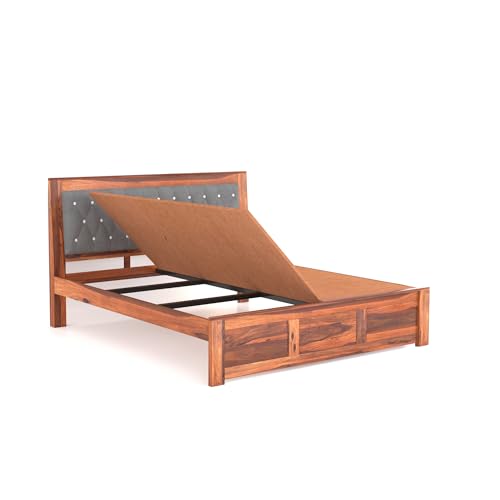 Image of SONA ART & CRAFTS Zeus Solid Sheesham Wood King Size Bed Without Storage (78x72) with 2 Bedside Table, Cushioned Upholstered Beds Double Bed Queen Size Cot for Bedroom (Natural Finish)