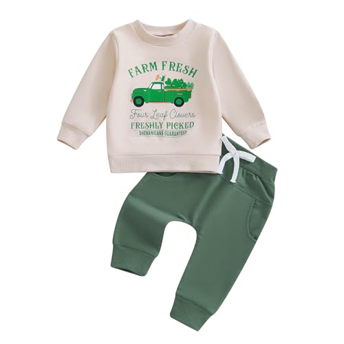 St Patricks Day Baby Boy Outfit Clover Letters Print Sweatshirt Elastic Waist Pants Set Toddler 2Pcs Spring Clothes