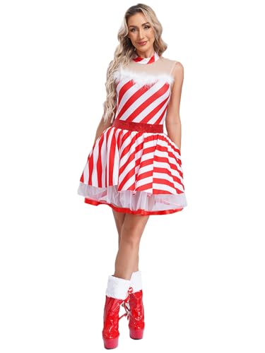 Eandarui Womens Christmas Tutu Dress Candy Cane Striped Figure Skating Costume Xmas Dance Fancy Dress Red Large