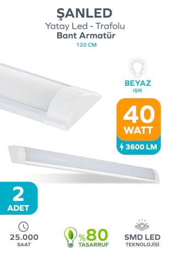120 Cm 40 W Yatay Led Bant Armatür-Trafolu Beyaz ışık-1-2-4-5-8-10-20-40 Adettir (Beyaz-2 Adet)