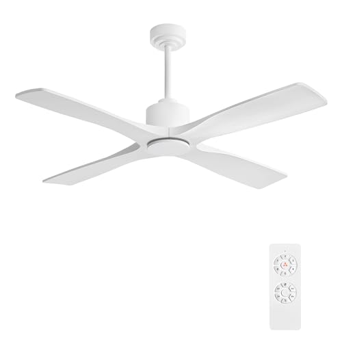 WINGBO 48 No-Light DC Ceiling Fan with Remote, 4 Wood Blades, 6-Speed Motor, Gloss White Finish, ETL Listed