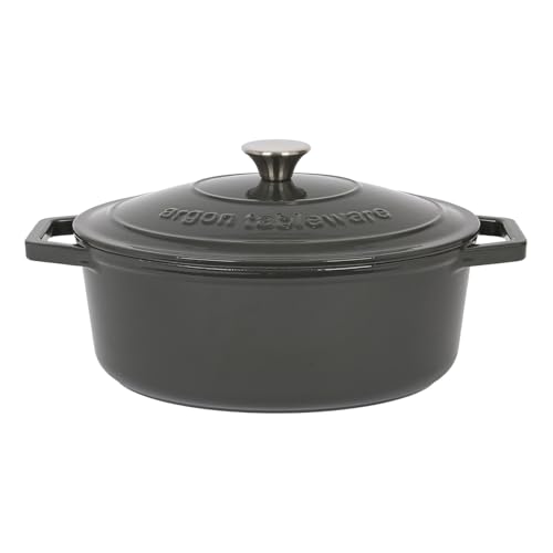 Argon Tableware 4.68L Ovale Cocotte en Fonte avec Couvercle Auto-Arrosant - Gris Ardoise - 1x Plaque à Induction Cuisson du Pain Portion Grillage Ragoût Marmite Ustensiles de Cuisine Poêle
