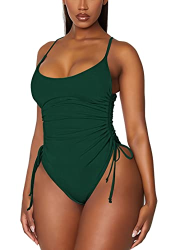 Viottiset Women's Ruched Drawstring One Piece Swimsuit Tummy Control Plus Size Bathing Suit Dark Green XX-Large