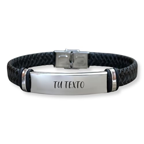 Pulsera personalizable con tu texto, totalmente ajustable, fabricada con cuero y acero. MODELO MOISES 2. Regalos día del padre, regalos San Valentín. (Cuero NEGRO)