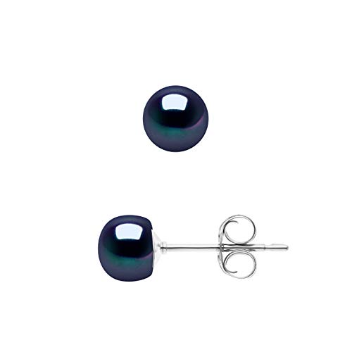 PEARLS & COLORS - Boucles d'Oreilles Véritables Perles de Culture d'Eau Douce Boutons - Coloris Black Tahiti - Qualité AAA + - Argent 925 Millièmes - Bijou...