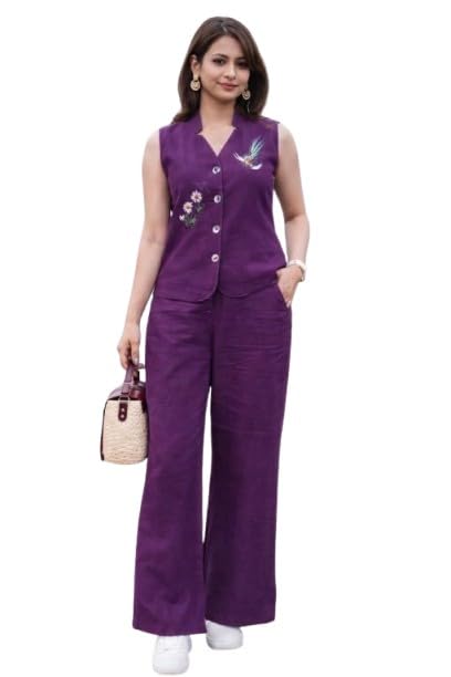 Image of Lyssa Yellow Ember Embroidered Co-Ord Set for Women, Sleeveless Vest with Wide-Leg Trousers