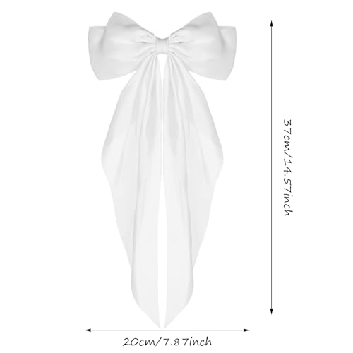 WLLHYF Big Bow Barrettes 2 Pieces Soft Silky Satin Hair Clip Long Tail French Ribbon Hair Pins Metal Bowknot Clips 90's Accessories for Party Valentine's Day Women Girl (White+White) - Image 2