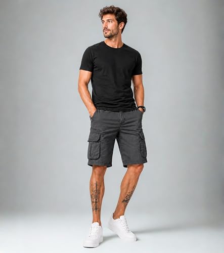 Image of L'MONTE Men's Imported Cotton Casual Relaxed Fit Outwear Cargo Shorts with Expandable Elastic Waist and Multi Pockets