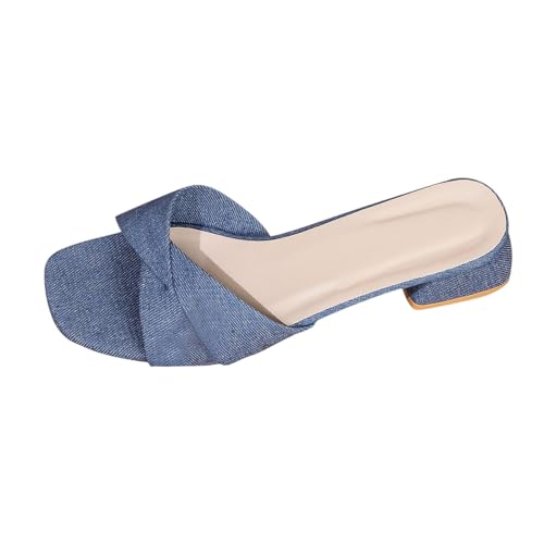 Women's Splicing Denim Colorblock Low Heel Trendy Business Square Toe Sandal Slip on Casual Comfy Dressy Slipper