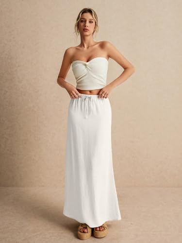 EARKOHA 2025 Women's Summer Maxi Skirt Drawstring Low Waist A Line Linen Long Flowy Skirts White XS3