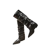 Women Spring Pointed Toe Belt Buckle Thick Heel Knee...