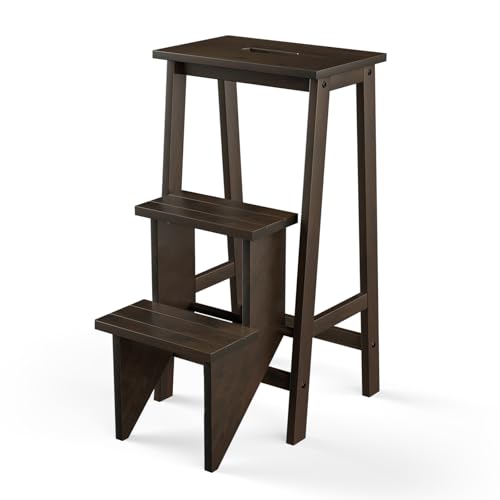 DORTALA 3 Tier Folding Step Stool, Rubber Wood Multifunctional Ladder Chair Bench, Portable Utility...