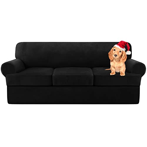 Sofa Cover,T Cushion Sofa Cover Velvet Non-Slip T Cushion 1/2/3 Seater Couch Cover with Individual T Cushion Seat Cover with Elastic Bands Furniture Slipcovers Protector (Black,3 Seater-4Pieces)