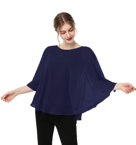 Casual Chiffon Cape Soft Shawl Sheer Shrugs Poncho Capelets shawls and Wraps for Women (Navy)