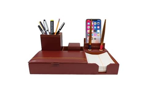 Image of LUVYANSH Genuine Leather Multipurpose Desk Organizer Stylish Pen Stand With Mobile Cum Remote Stand With Memo Pad Holder Office Table Organizer Desktop Stationery Supplies 7 Compartments (Brown)
