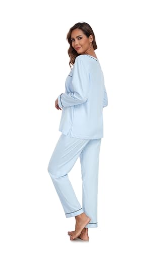 Image of COLORFULLEAF 100% Cotton Pajama Set for Women Long Sleeve Sleepwear with Pants Soft Comfy Two-Piece Pjs with Pockets