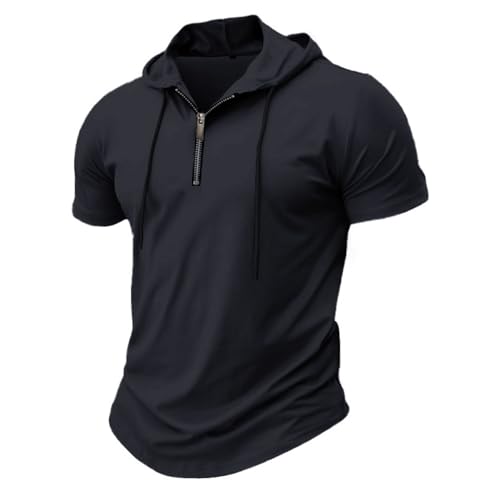 Mens Short Sleeve Hoodies T-Shirts Fashion Sweatshirts Athletic Solid Lightweight Zipper Hooded Pullover Tee Top